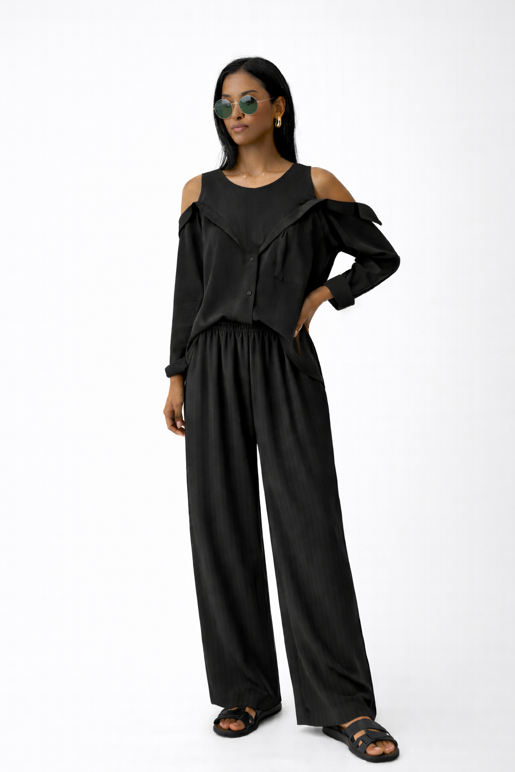ELASTICATED WAISTLINE WIDE LEG TROUSERS (بنطلون) "LINMU"
