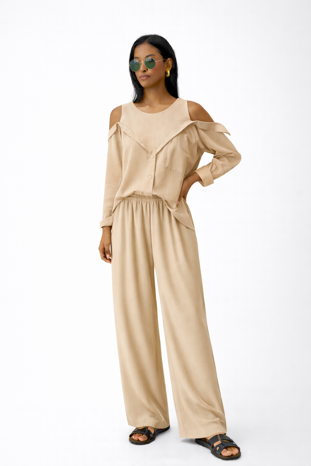 ELASTICATED WAISTLINE WIDE LEG TROUSERS (بنطلون) "LINMU"