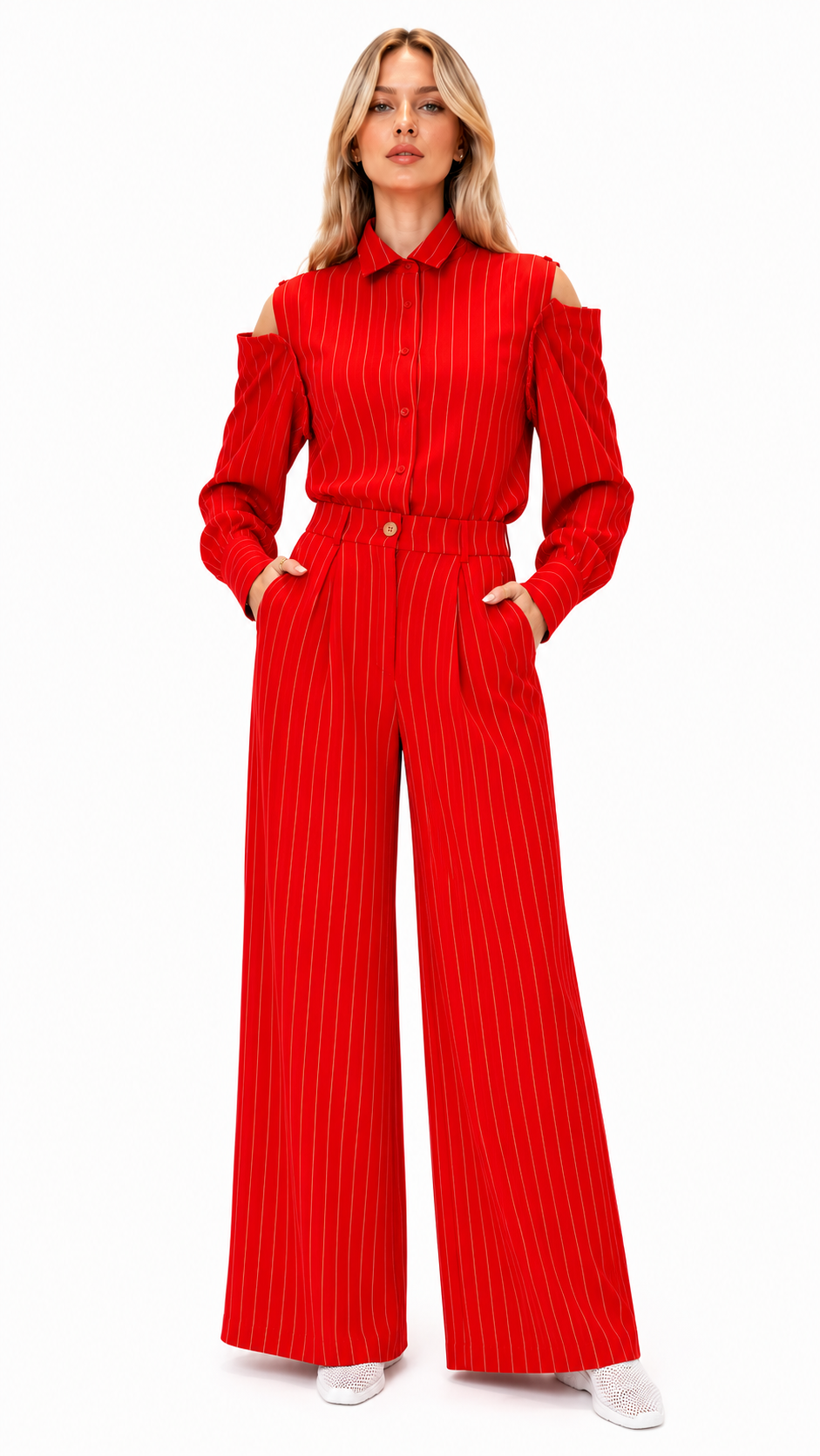 STRIPED FRONT PLEATED HIGH-WAISTED TROUSERS بنطلون “MOONSTONE”