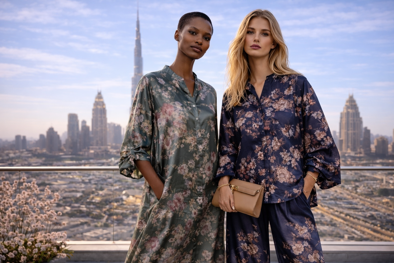 Two women in floral outfits standing in front of a city skyline.