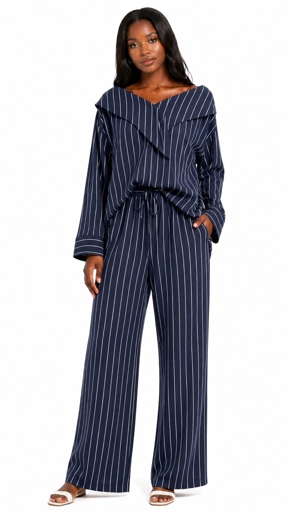 PINSTRIPE OFF SHOULDER BLOUSE (قميص) “MELON C.”