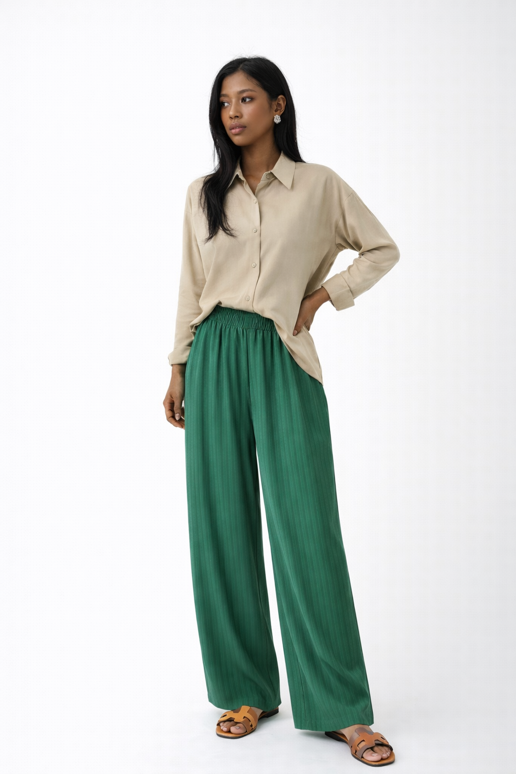 ELASTICATED WAISTLINE WIDE LEG TROUSERS (بنطلون) "LINMU"