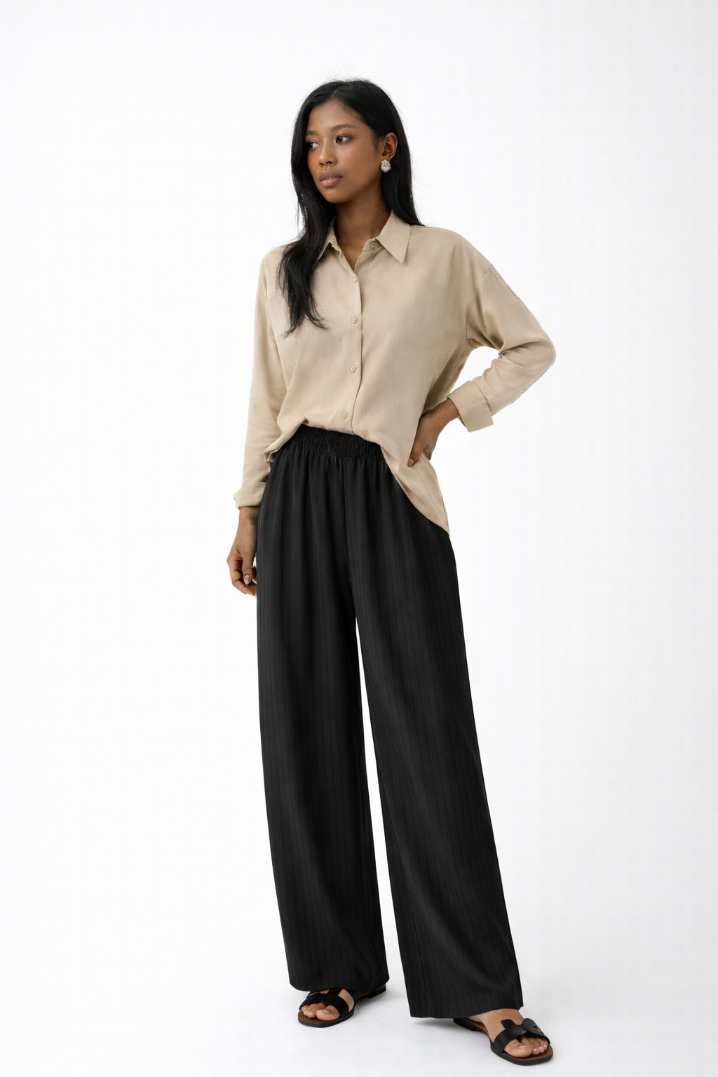 ELASTICATED WAISTLINE WIDE LEG TROUSERS (بنطلون) "LINMU"