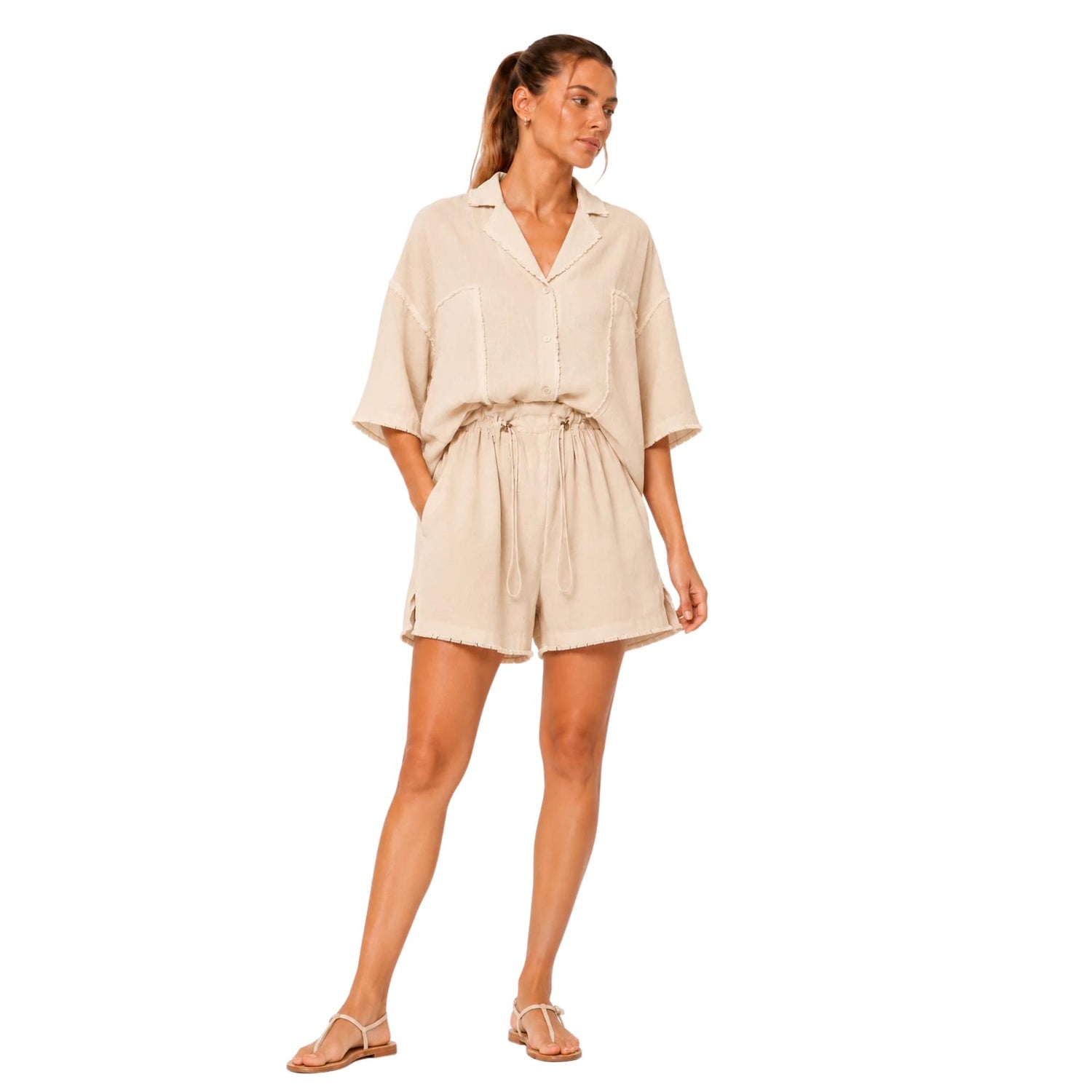 COASTAL RAW EDGE LINEN VISCOSE SET زوج (SHIRT & SHORTS قميص وبنطلون) “JADE"