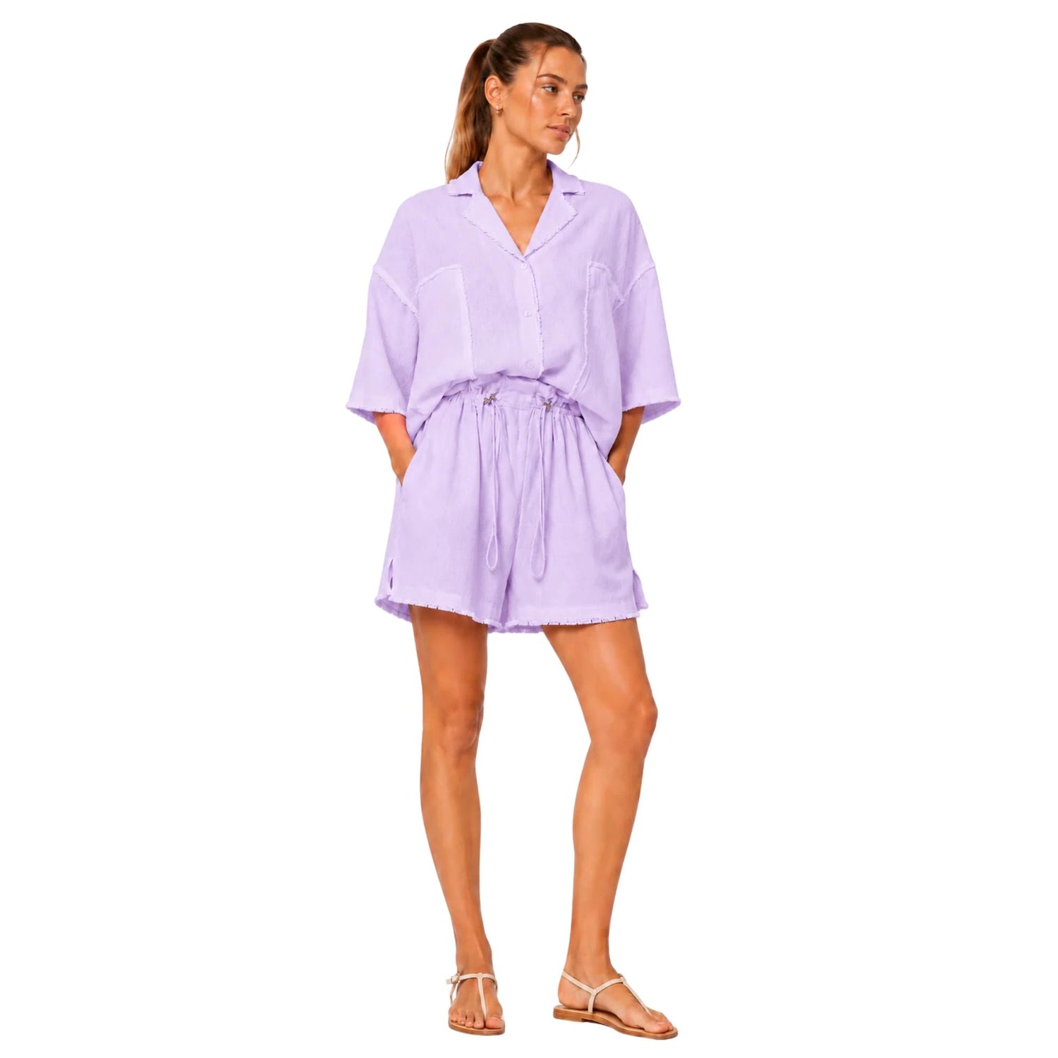 COASTAL RAW EDGE LINEN VISCOSE SET زوج (SHIRT & SHORTS قميص وبنطلون) “JADE"