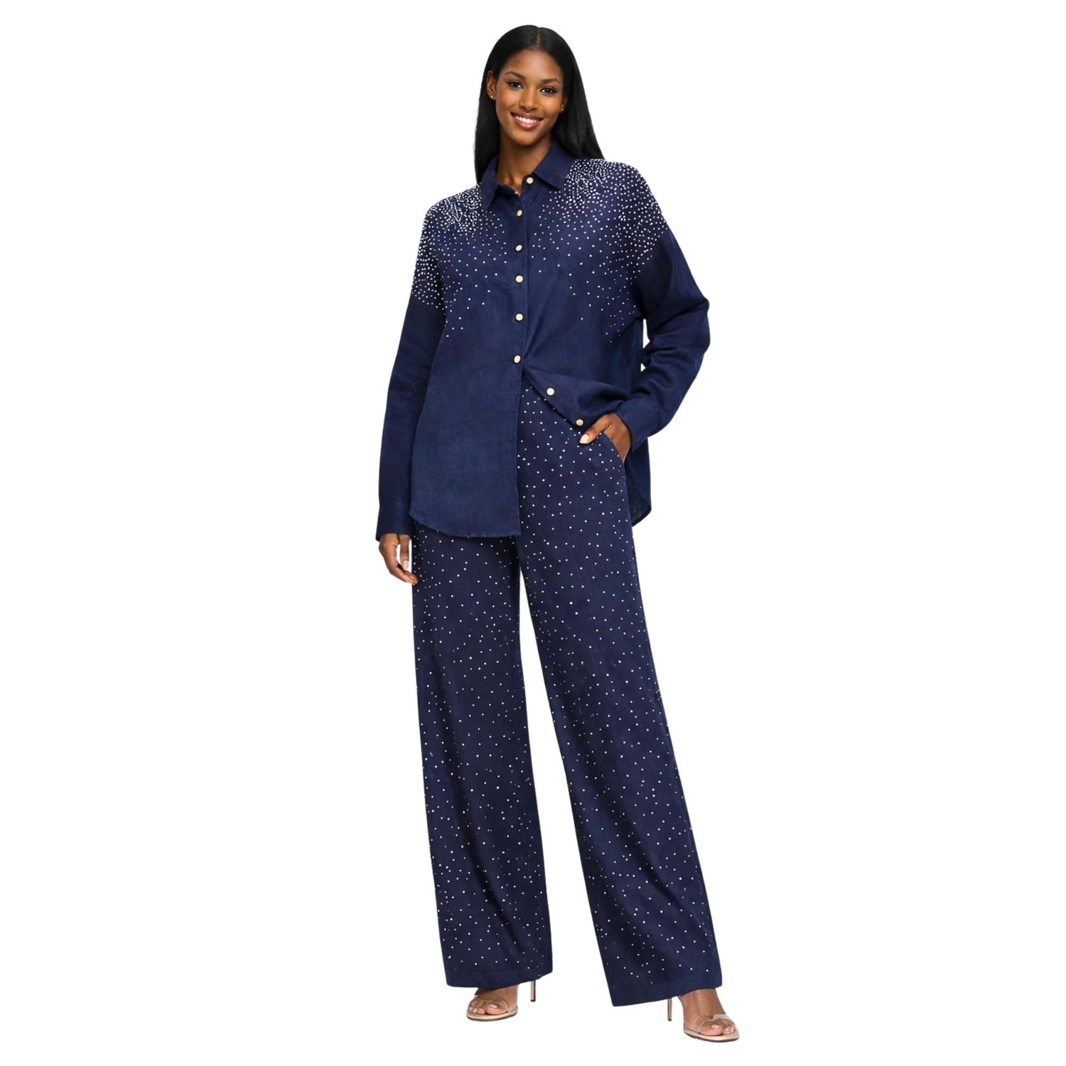DIAMOND DRIFT EMBELLISHED LINEN CO-ORD SET زوج (SHIRT & PANTS قميص وبنطلون) “NEYA"