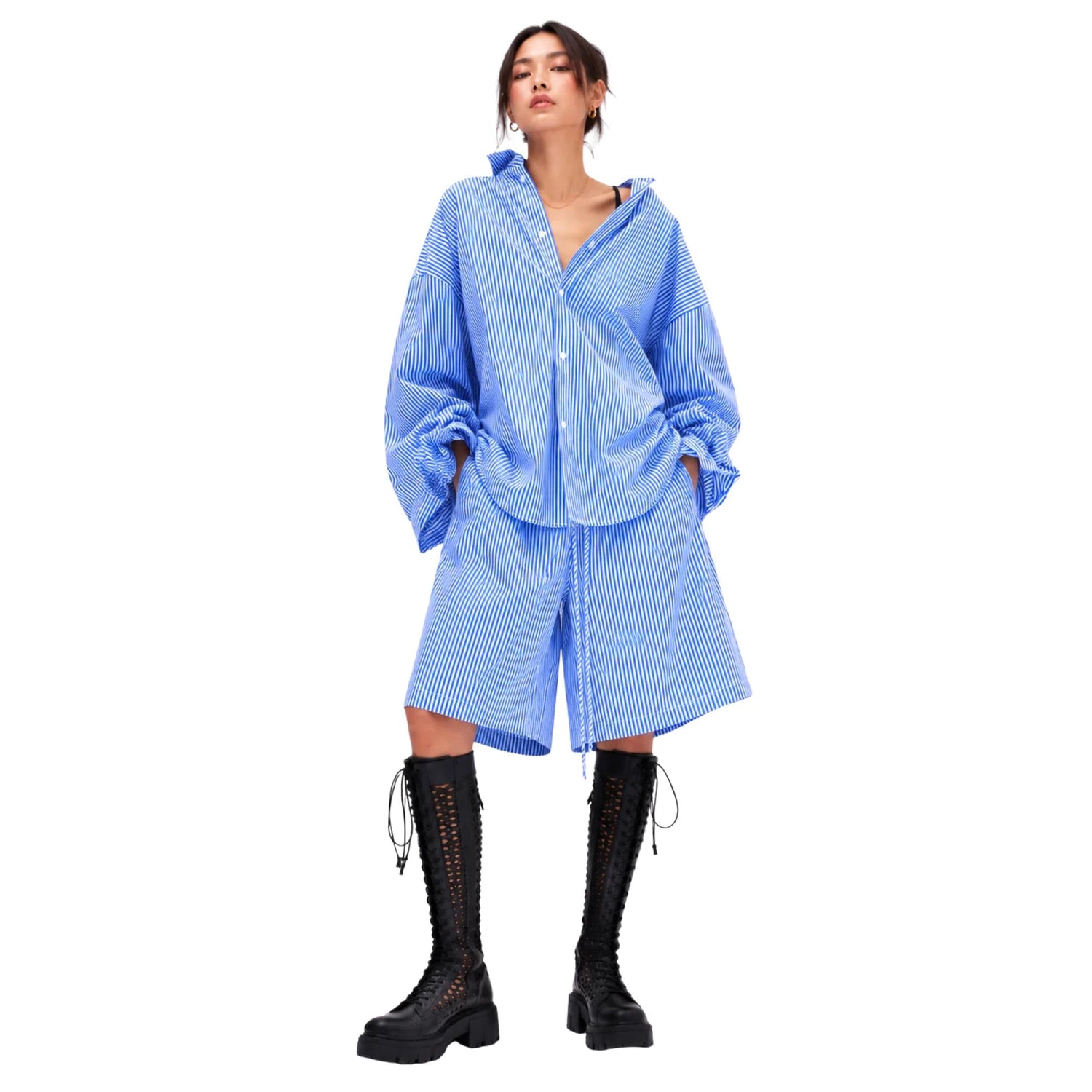 OVERSIZED PINSTRIPE TWO-PIECE SET تعيين (SHIRT & BERMUDA SHORT) “SEONGSU”