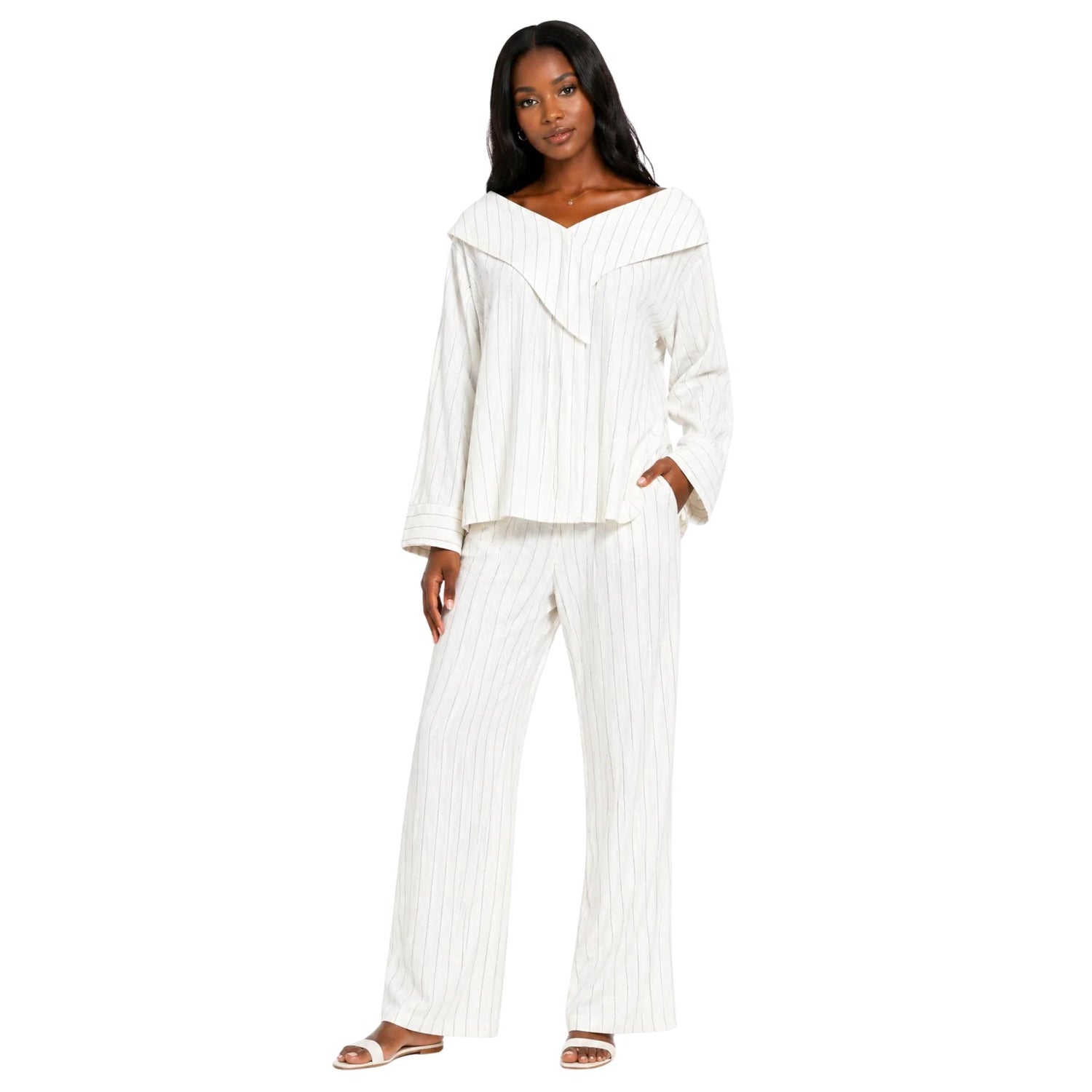 PINSTRIPE OFF SHOULDER BLOUSE (قميص) “MELON C.”