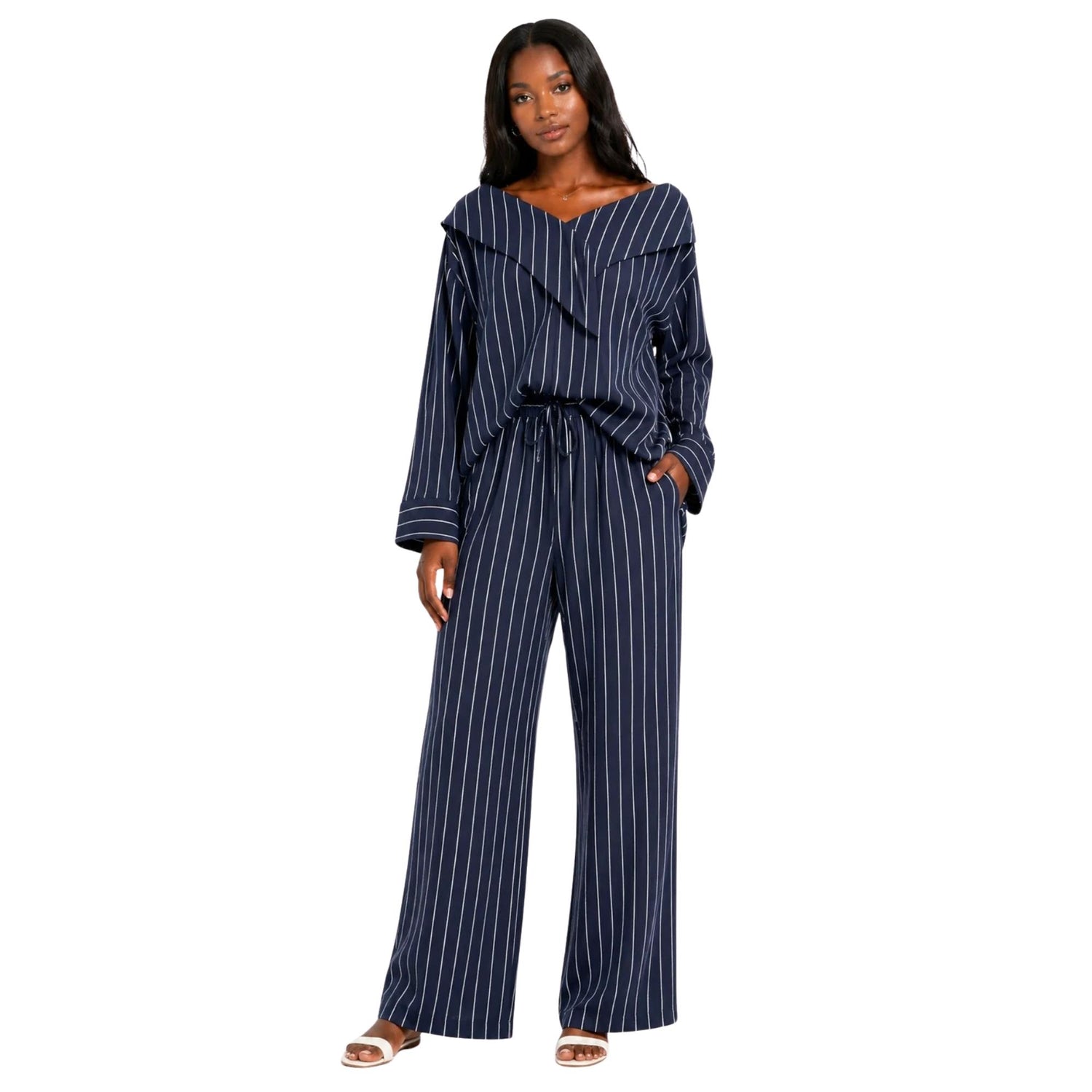 PINSTRIPE OFF SHOULDER BLOUSE (قميص) “MELON C.”