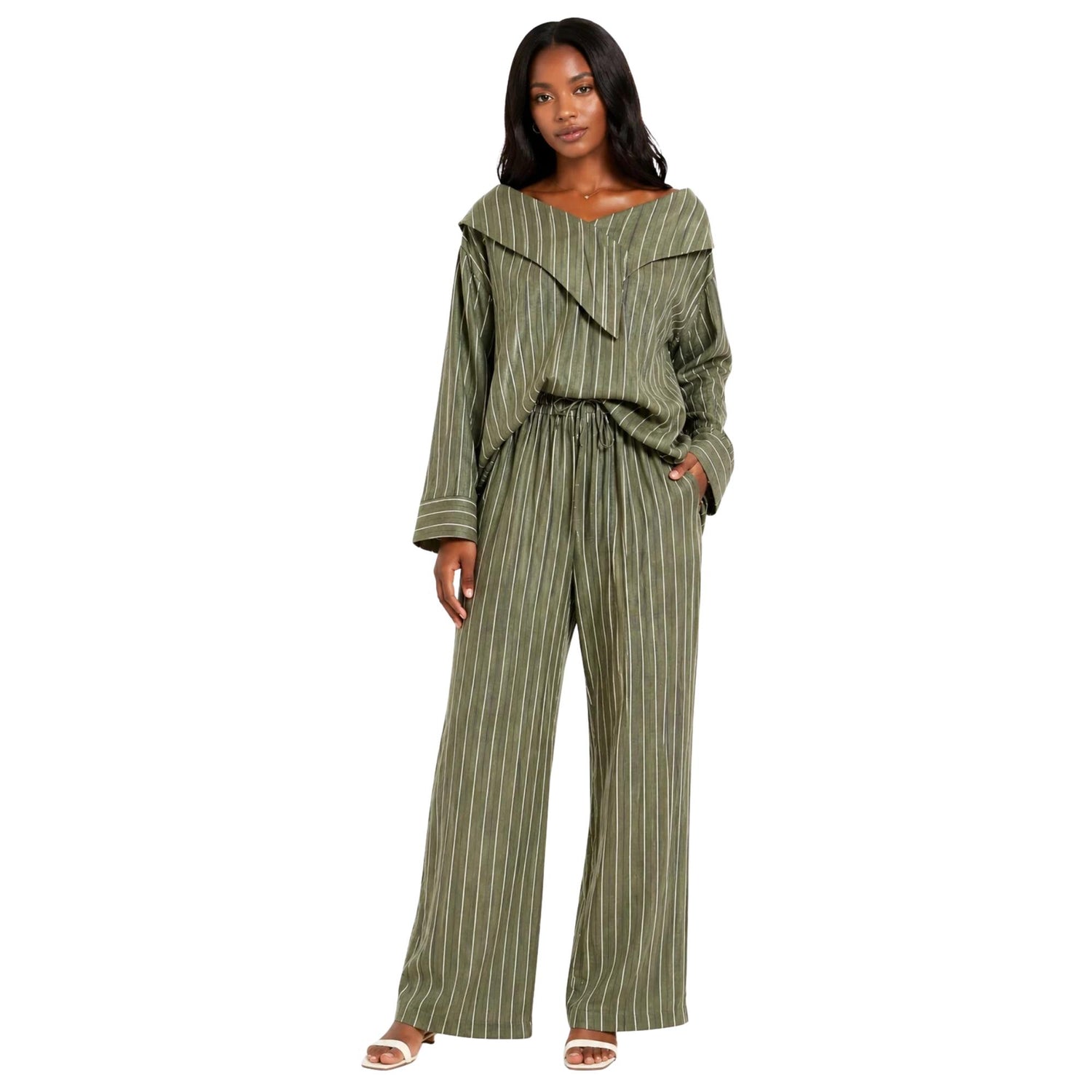 PINSTRIPE OFF SHOULDER BLOUSE (قميص) “MELON C.”