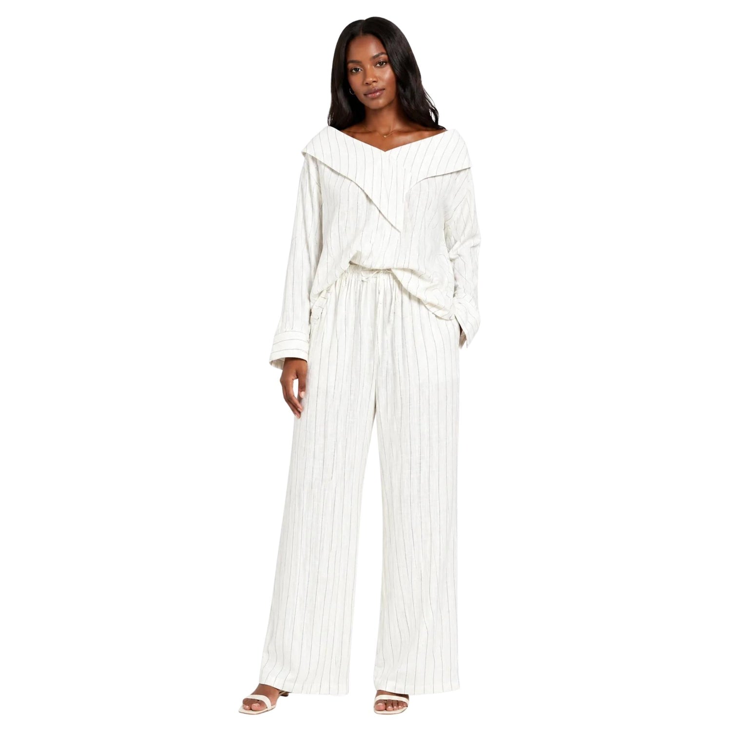 PINSTRIPE OFF SHOULDER BLOUSE (قميص) “MELON C.”