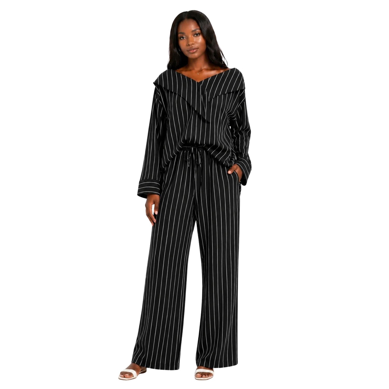 PINSTRIPE OFF SHOULDER BLOUSE (قميص) “MELON C.”