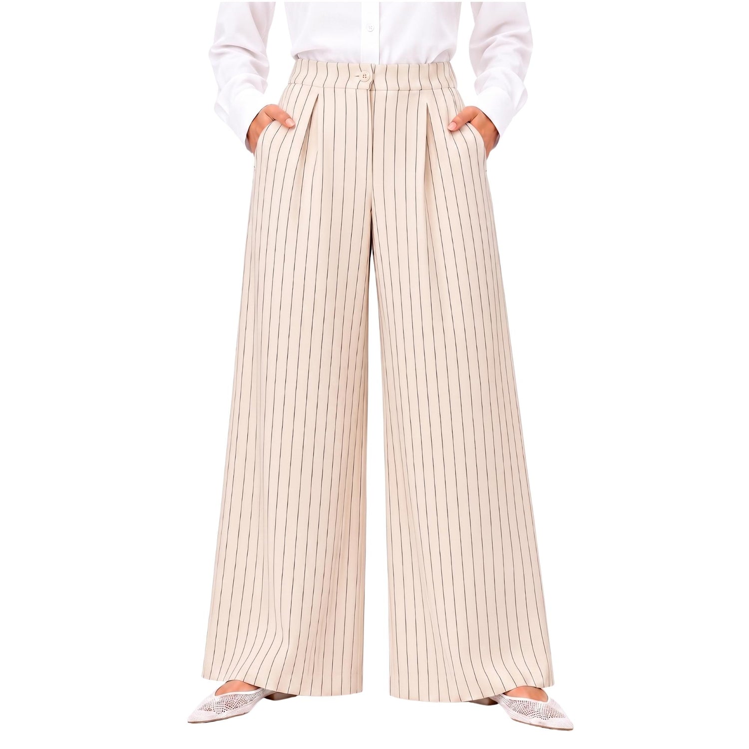 STRIPED FRONT PLEATED HIGH-WAISTED TROUSERS بنطلون “MOONSTONE”