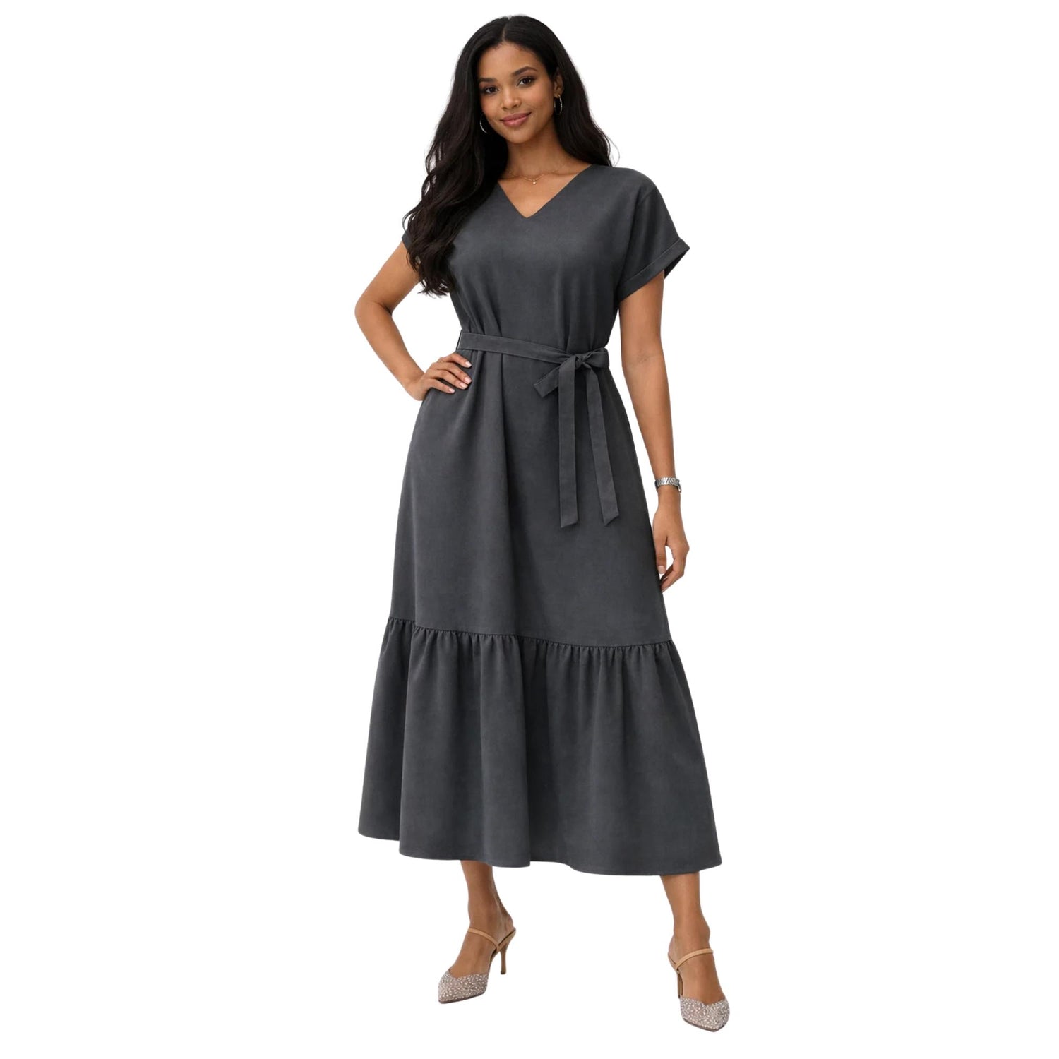V-NECK BELTED DRESS “LEE-JOHN"