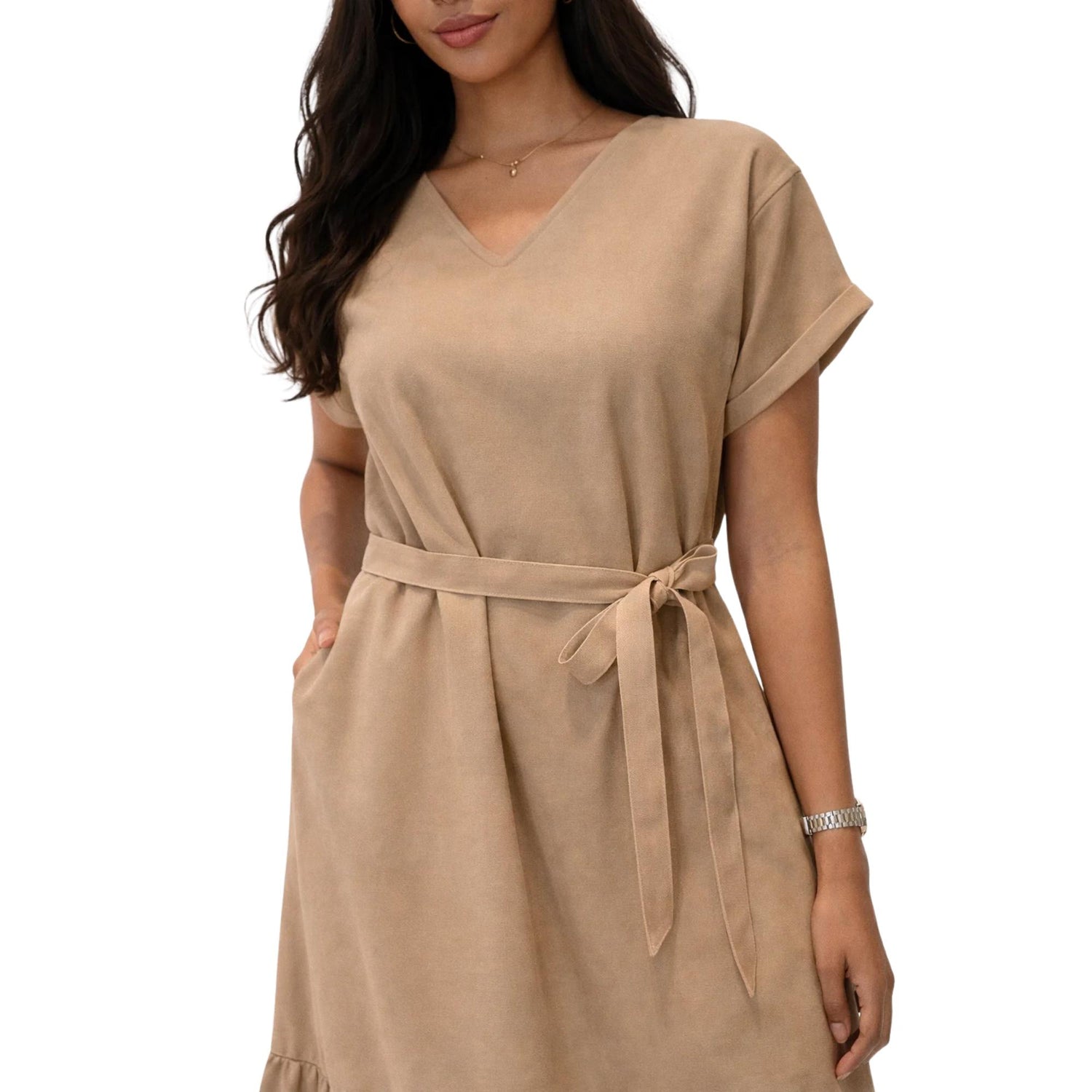 V-NECK BELTED DRESS “LEE-JOHN"
